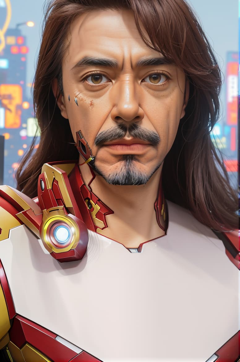  masterpiece, best quality, masterpiece, 8k resolution, realistic, highly detailed, iron man close up. he stands on a street lined with tall buildings in a cyberpunk style city at night. the city's night lights are bright and the surrounding buildings and streets are full of cyberpunk elements such as neon lights, high tech equipment and futuristic architectural design.,