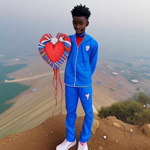  A Ghanaian boy standing beside a clean decorated human heart on top of a mountain