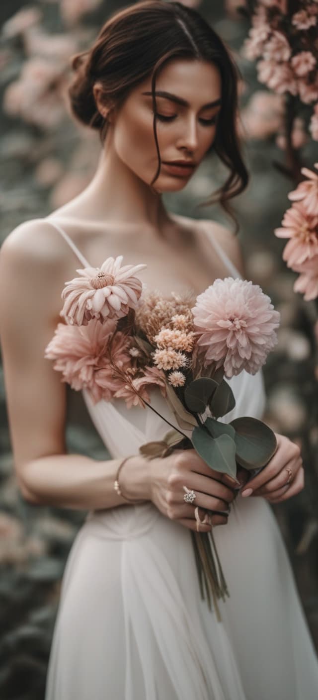  (abstract style), hyper realistic, woman holding a flower in her hand, unsplash photography, by esther blaikie mackinnon, marfan syndrome, by ottilie maclaren wallace, soft aesthetic, grasping, kindness, floral clothes, bloom, inspired by ion andreescu, a delicate