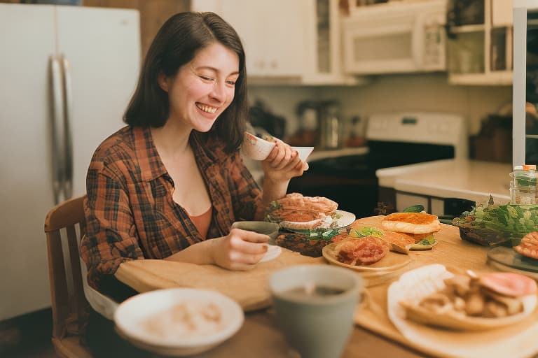 analog style Sarah happily choosing meal options on the app, feeling motivated and hopeful.