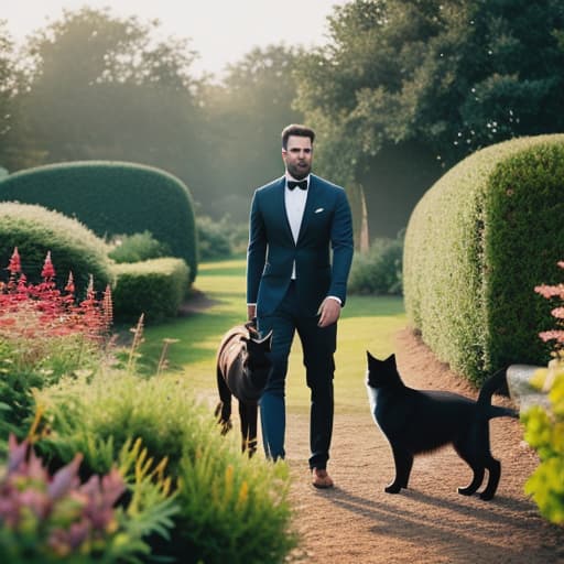  border colin with cat in the garden hyperrealistic, full body, detailed clothing, highly detailed, cinematic lighting, stunningly beautiful, intricate, sharp focus, f/1. 8, 85mm, (centered image composition), (professionally color graded), ((bright soft diffused light)), volumetric fog, trending on instagram, trending on tumblr, HDR 4K, 8K