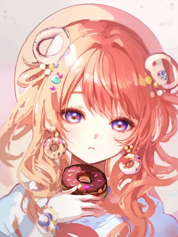  a donut princess, a doughnut like rim in her hair, ornaments in her hair in the form of donuts, with one hand slightly shows a donut, a style close to the original image, manga big eyes expressive faces colorful hair hayao miyazaki masashi kishimoto makoto shinkai clamp yoshiyuki sadamoto