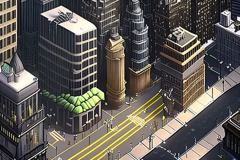 estilovintedois Create a blank road map of Gotham City with: - Roads, highways, and alleys - Empty spaces for buildings and landmarks - Basic road features like streetlights and crosswalks Leave the building spaces blank for customization.