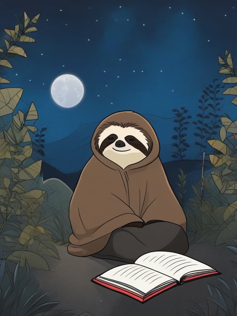  best of the best,full moon and solo cute sloth,sloth with cape,telescope,book,moonlit background,field,high quality,16k