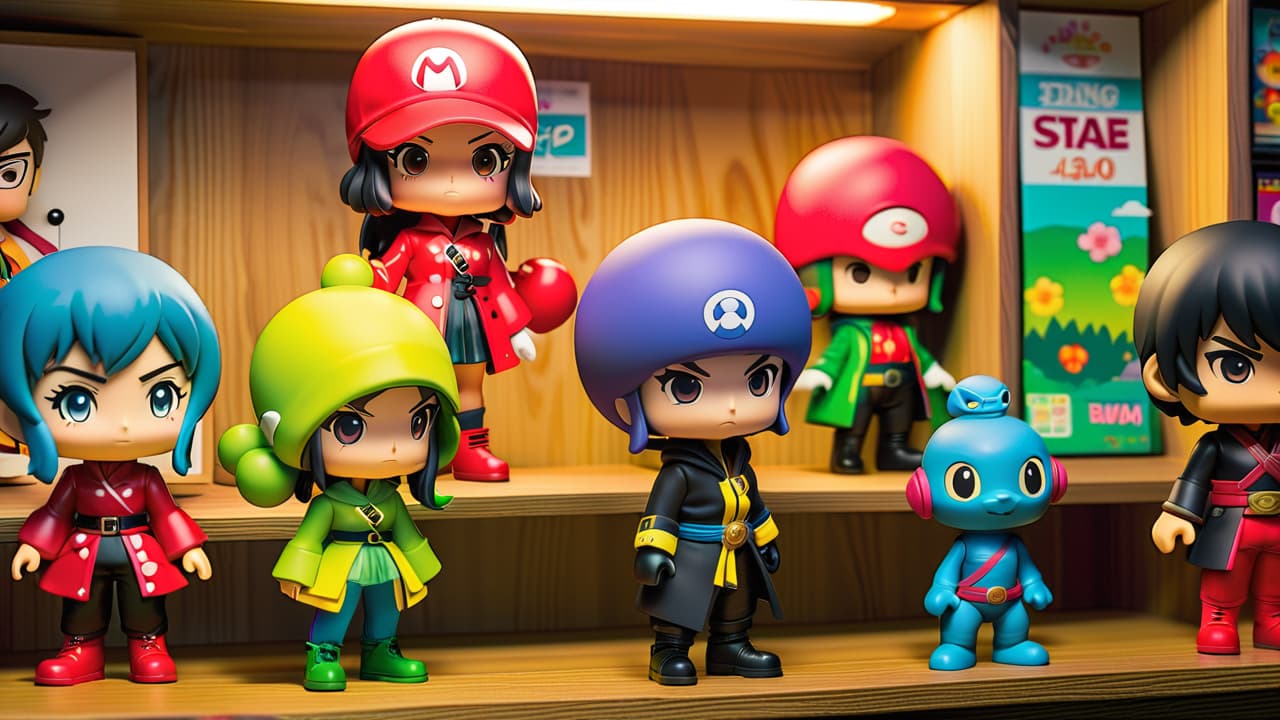  a vibrant display of colorful anime figures on a wooden shelf, showcasing various characters in dynamic poses, with price tags nearby. the background features anime posters and collectibles, creating an inviting collector's atmosphere. hyperrealistic, full body, detailed clothing, highly detailed, cinematic lighting, stunningly beautiful, intricate, sharp focus, f/1. 8, 85mm, (centered image composition), (professionally color graded), ((bright soft diffused light)), volumetric fog, trending on instagram, trending on tumblr, HDR 4K, 8K