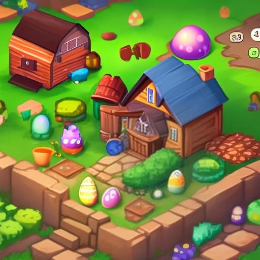  isometric, game, farm, one character, old farmer, spring, easter, event, colored egg, mobile game screenshot, cartoon art style