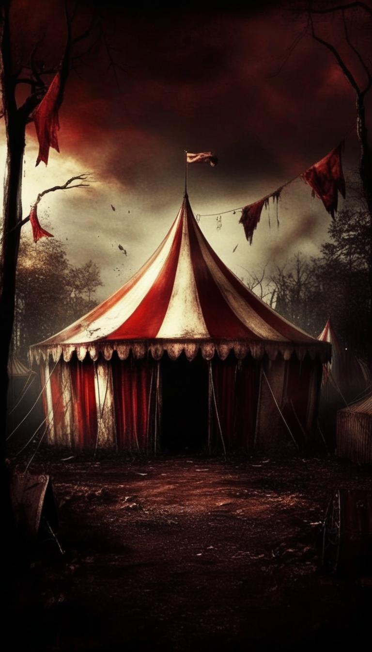  cinematic photo damned mystic vintage circus in the woods gloomy atmosphere . 35mm photograph, film, bokeh, professional, 4k, highly detailed