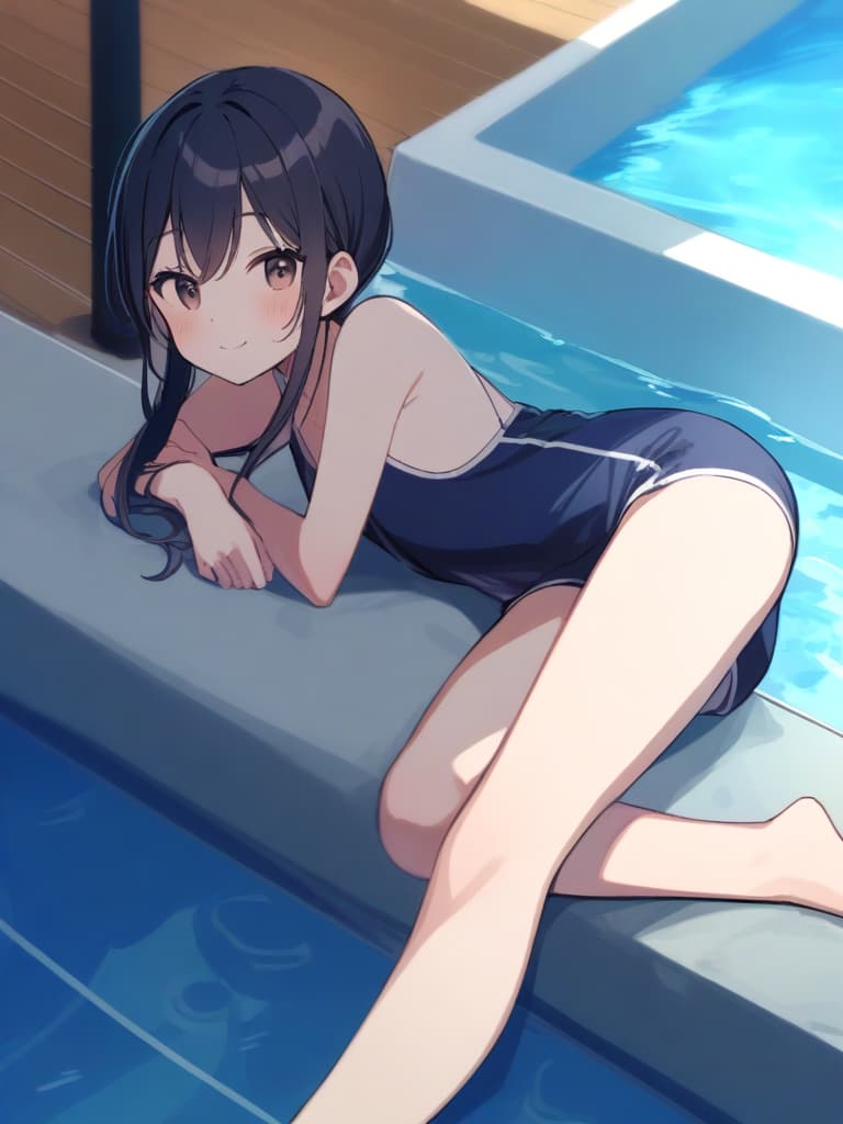  women's elementary students, twin tails, rich smiles, cute smiles, navy blue swimwear, old swimwear, , simple, male, shaped clear , shaped clear area, shaped clear stem ,,, front, whole body, poolside,