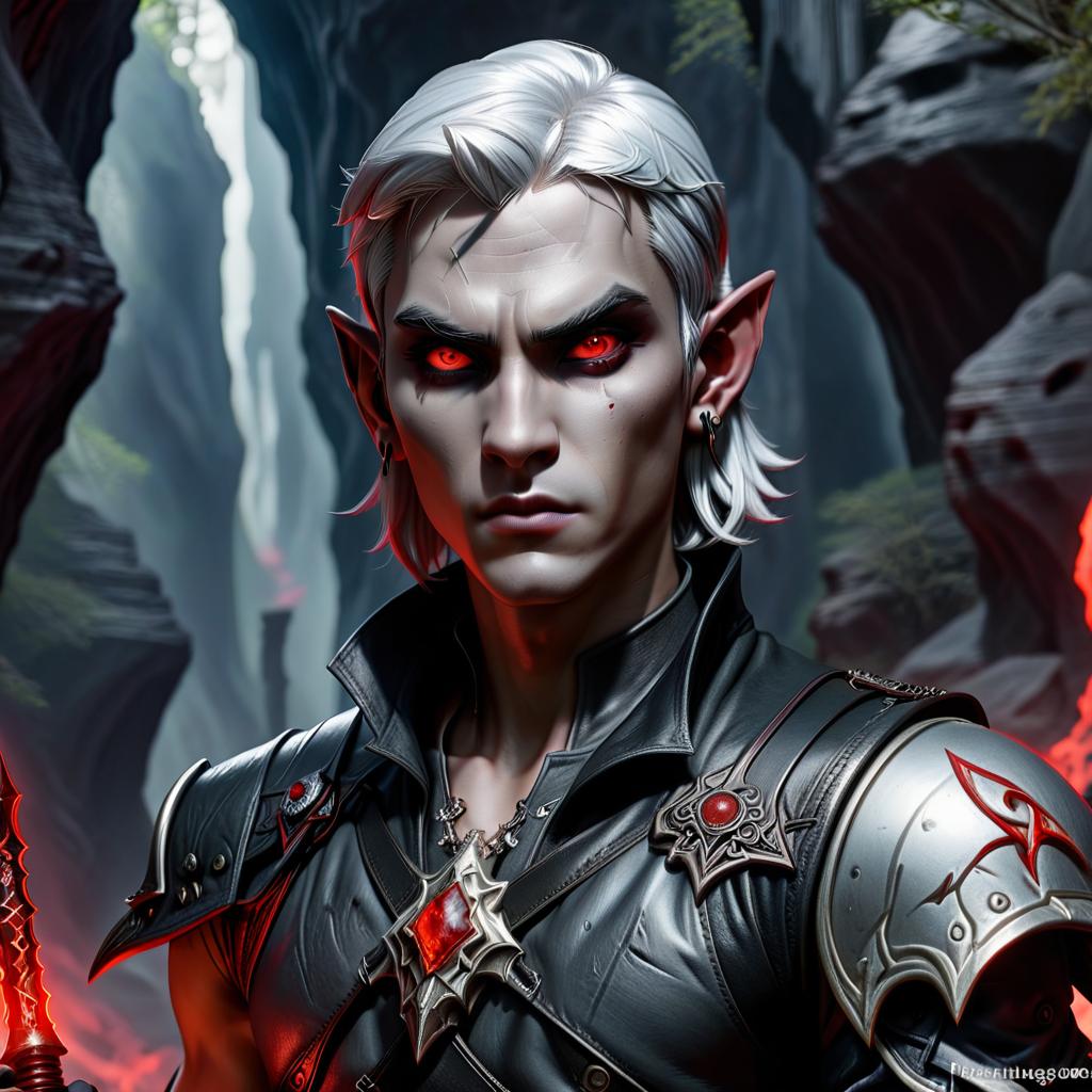  gothic style drow male elf cleric, dark grey graphite color skin, red eyes, silver medium haircut, black leather vest, battle mace, impudent arrogant rude expression, traveler shoulder bag, half body view, dark cave temple . dark, mysterious, haunting, dramatic, ornate, detailed, civitai, hkmagic