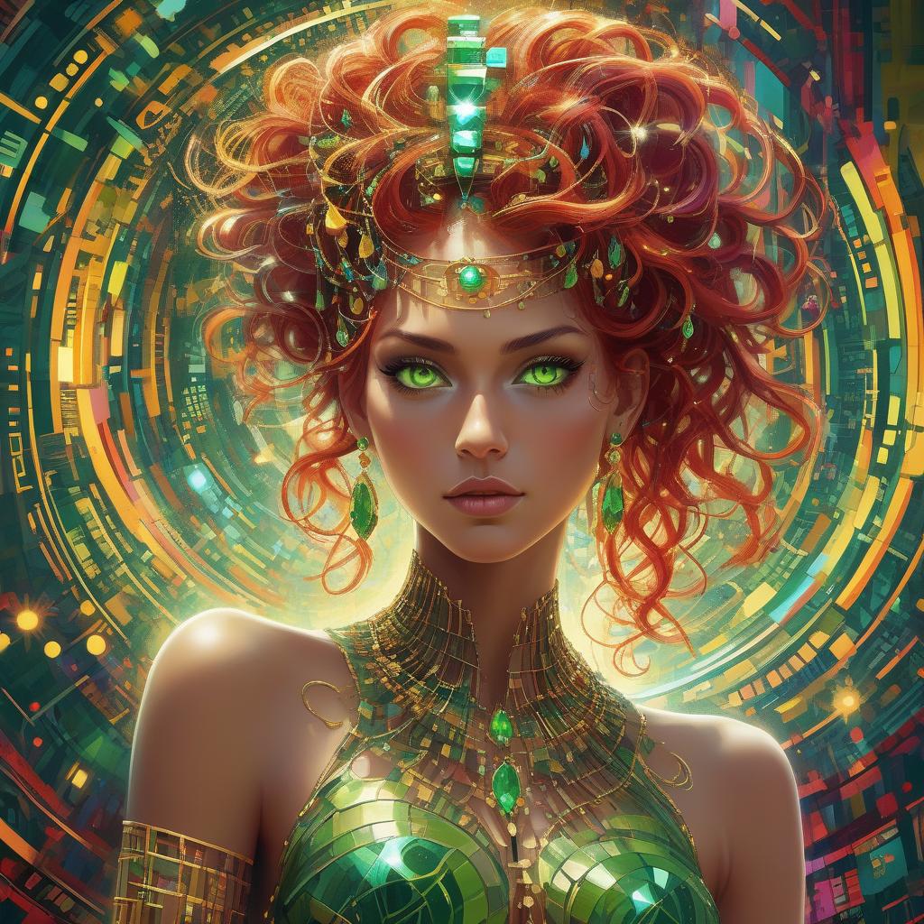  concept art a woman with vibrant multicolored hair and a bejeweled headband, with striking green eyes and gold earrings. high quality, 8k ultra hd, imagine a vibrant canvas illuminated by a cascade of colorful binary code, forming the silhouette of a captivating brown wavy flowy hair woman, the dynamic lines and patterns, reminiscent of a digital dance, weave together to create a harmonious fusion of technology and art, the binary code, in hues ranging from electric blues to radiant reds and vivid greens, breathes life into the woman's form, her silhouette emerges as a synthesis of the digital and the organic, a testament to the seamless integration of technology and beauty in your masterful creation, high detailed, she is standing infront