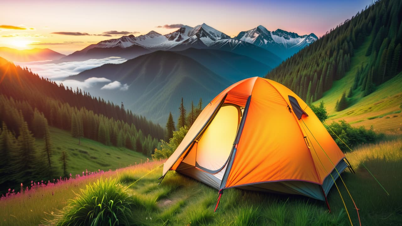  a vibrant scene of a backpacker setting up a tent in a lush, green valley surrounded by majestic mountains, with a colorful sunset casting warm hues, and a winding trail leading to remote, budget friendly villages. hyperrealistic, full body, detailed clothing, highly detailed, cinematic lighting, stunningly beautiful, intricate, sharp focus, f/1. 8, 85mm, (centered image composition), (professionally color graded), ((bright soft diffused light)), volumetric fog, trending on instagram, trending on tumblr, HDR 4K, 8K