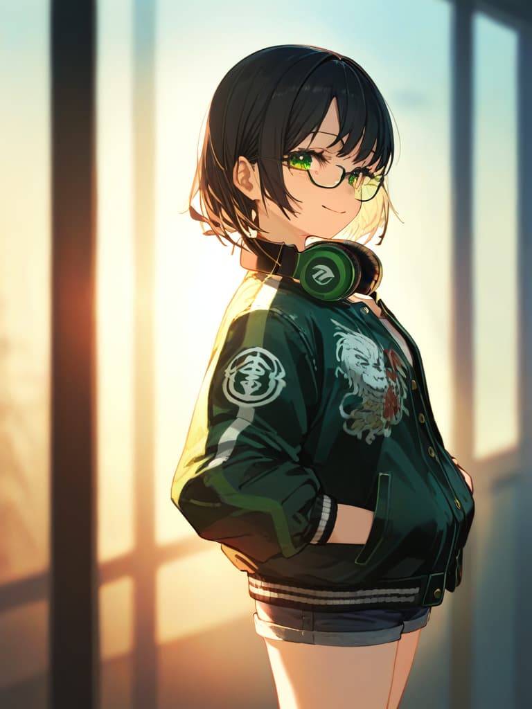  ((black hair,green mesh: 1.5,glasses,black rimmed glasses,grinning,fearless smile,bob hair,bob hair over ears,headphones around neck,hands in pockets: 1.5,sukajan jacket,shorts,cute,green eyes))、ultra detailed,best shadow,cute and beautiful face,(masterpiece:1.2),(best quality:1.2),detailed background,high contrast,(best illumination,an extremely delicate and beautiful),((cinematic light)),hyper detail,dramatic light,intricate details,8k,anime,very aesthetic