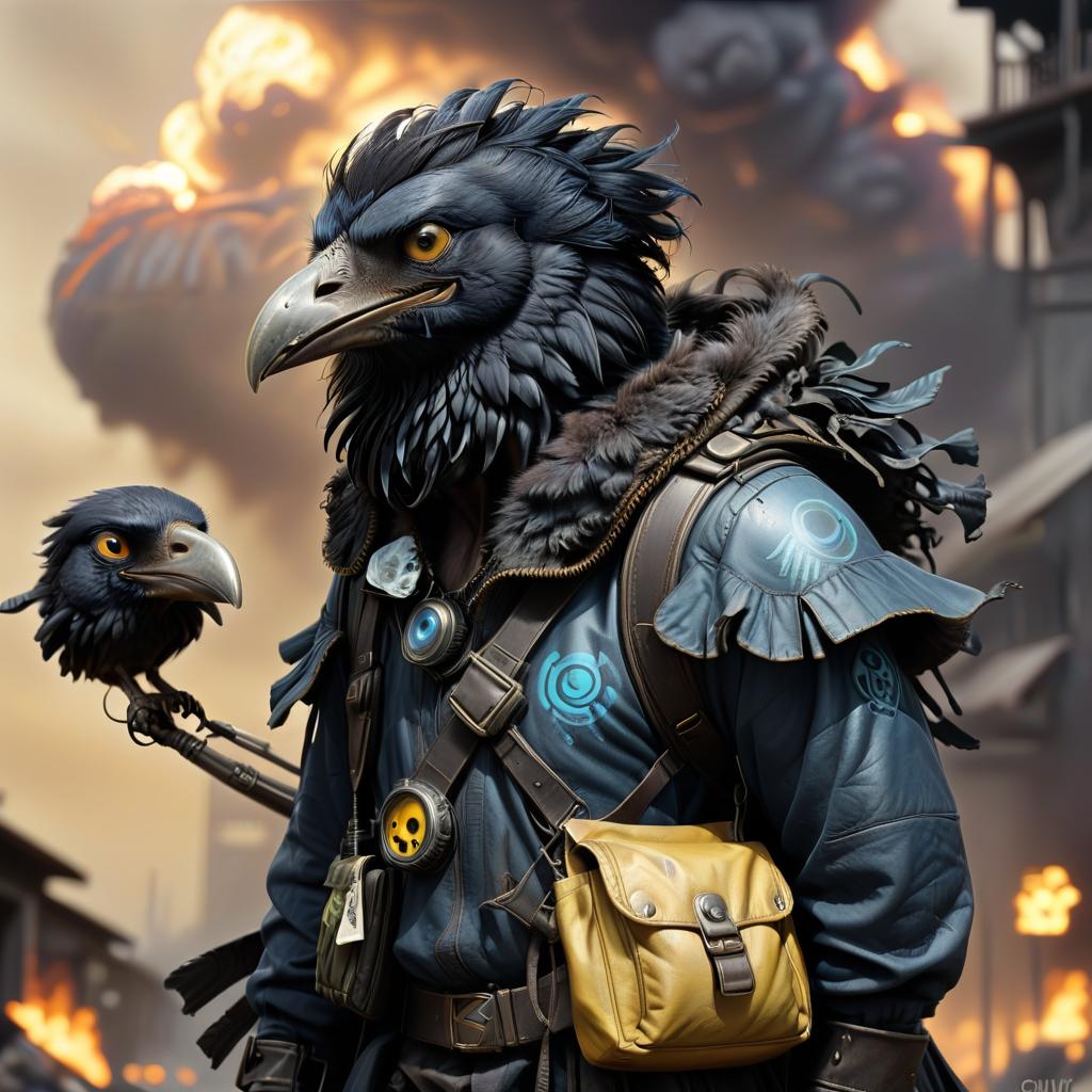  dystopian style black with blue tint avian humanoid race with raven head alchemist, ruffled feathers, mischievous yellow eyes, smiling, rags and leather cloak with lots of pockets, big backpack with pockets, nuclear explosions and detonation blasts . bleak, post apocalyptic, somber, dramatic, highly detailed, civitai