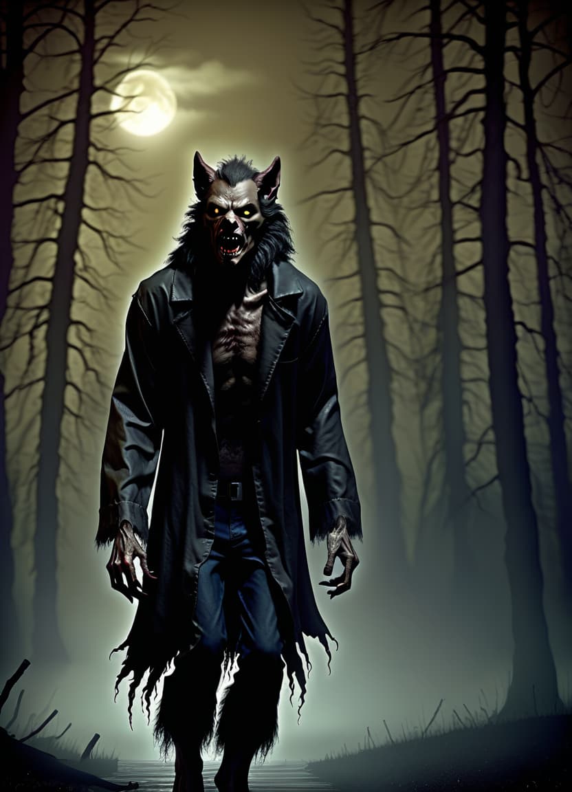  horror themed make him a werewolf . eerie, unsettling, dark, spooky, suspenseful, grim, highly detailed