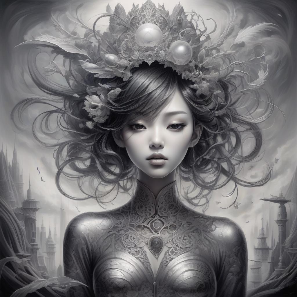  surrealist art a talented asian artist proficient in creating exquisite portraits using digital art techniques, showcases a unique style known as digital art wonders. with elements of romantic realism, the artwork features a captivating blend of dark silver and light gray shades. the artist employs airbrush art techniques to create bold and visually striking manga inspired characters. . dreamlike, mysterious, provocative, symbolic, intricate, detailed