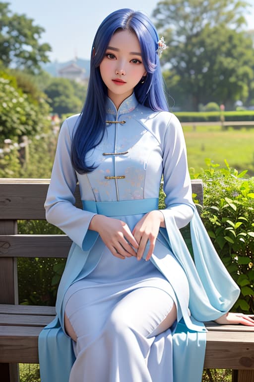  a high school girl in vietnamese ao dai, 7 color hair, goddess, cosmic power, blue eyes, beautiful, advertising photo,high quality, good proportion, masterpiece , the image is captured with an 8k camera