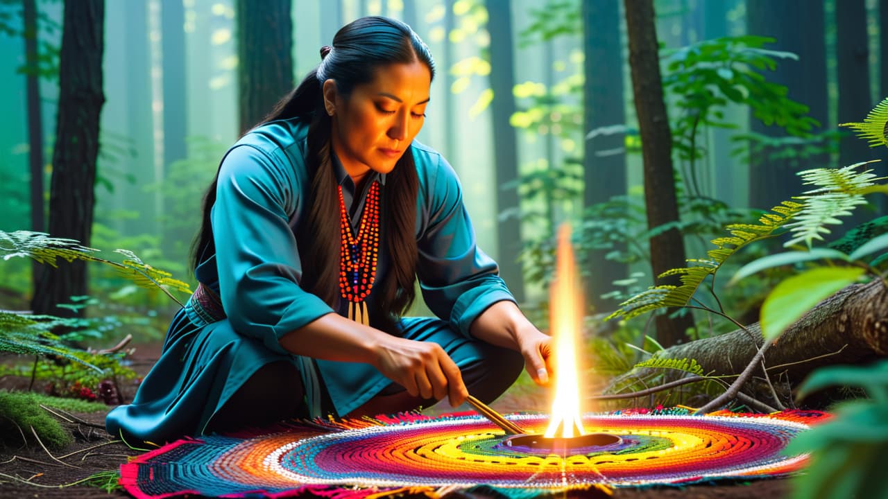  a vibrant scene showcasing a native american artisan creating intricate beadwork, surrounded by colorful beads, traditional patterns, and natural materials, with sunlight filtering through a nearby forest, highlighting the craftsmanship and cultural significance. hyperrealistic, full body, detailed clothing, highly detailed, cinematic lighting, stunningly beautiful, intricate, sharp focus, f/1. 8, 85mm, (centered image composition), (professionally color graded), ((bright soft diffused light)), volumetric fog, trending on instagram, trending on tumblr, HDR 4K, 8K