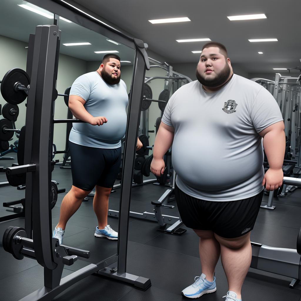  A fat man looks in the mirror at the gym, opposite himself after losing weight.