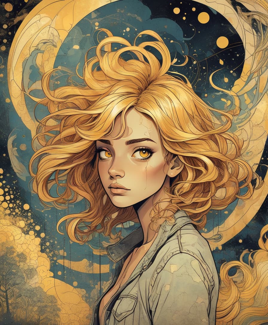  grunge style light, centered, colorful, modern illustration of a girl with wild swirling gold hair full of landscapes. portrait, fibonacci sequence, tessellation, art nouveau, heavy outline comic book . textured, distressed, vintage, edgy, punk rock vibe, dirty, noisy