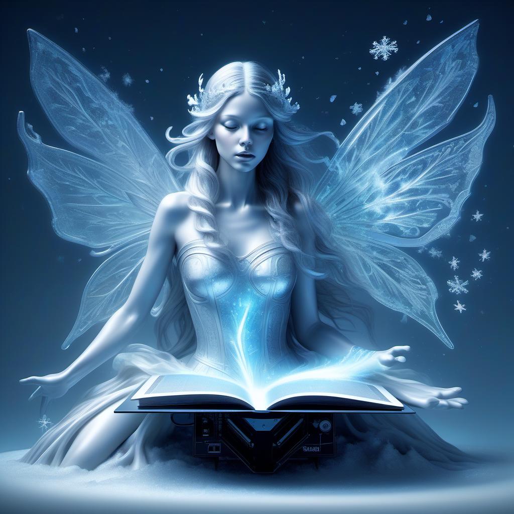  line art drawing highly detailed translucent snow fairy with wings of snow (holding a computer video card:1.3), blizzard appear from the pages of a fairy tale book, translucent snow blizzard magic snow fairy reaching out of a 3d sculptured book; the souls escaping from book, motion blur action side profile shot of spirit tepping out of book, astrodimensional iridescent spirit of the light, disintegrating into starlight and holographic particulate trails of wispy snow by alberto seveso by giger liquid snow effects in wind :: wind blowing left 3d shading; pulsing with an inner light; clear and sparkling, smooth, flowing, shimmer; 16k resolution, hyperdetailed, intricate beautiful details . professional, sleek, modern, minimalist, graphic, lin