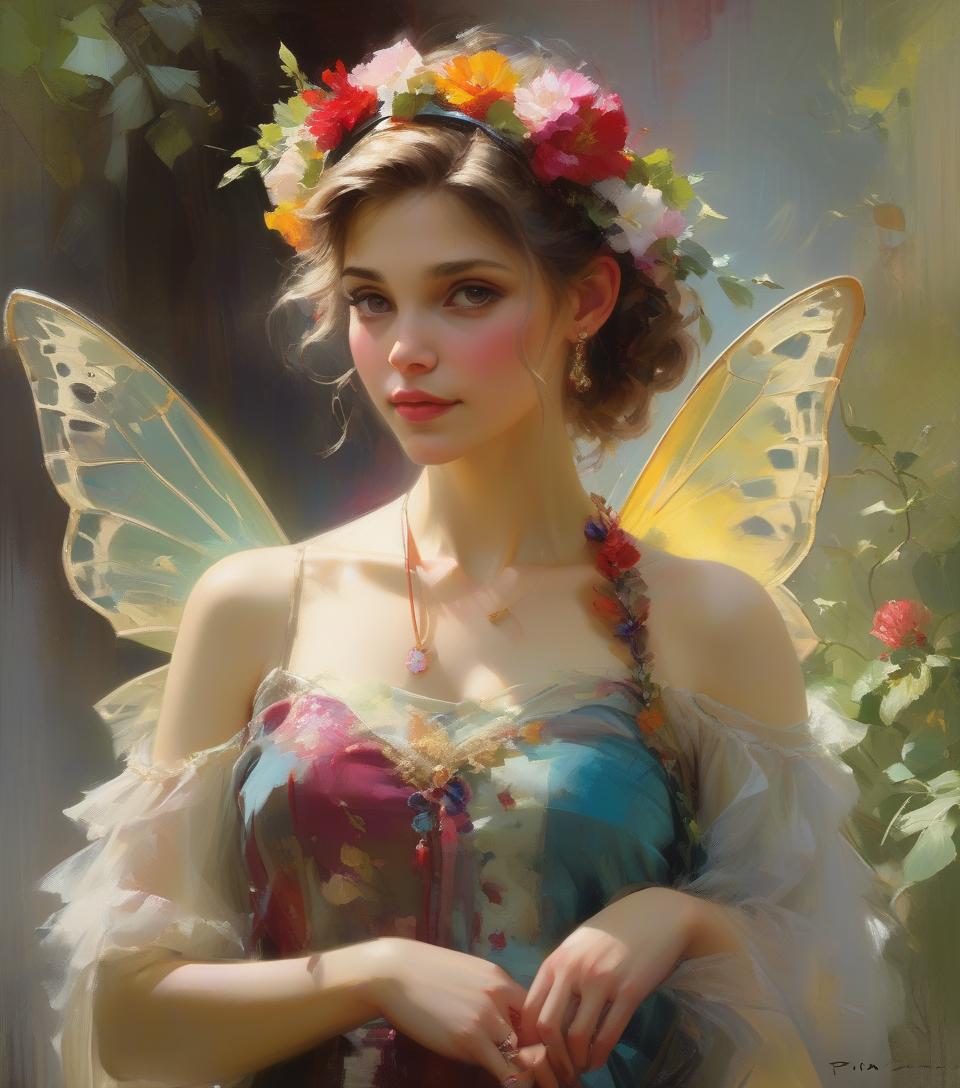  hyperrealistic art ((amazing quality, award winning, intricately detailed, ultra realistic, extremely detailed 8k)), ((oil painting by pino daeni, daniel gerhartz)) portrait of fairy lady, dame floral headband, faded art . extremely high resolution details, photographic, realism pushed to extreme, fine texture, incredibly lifelike