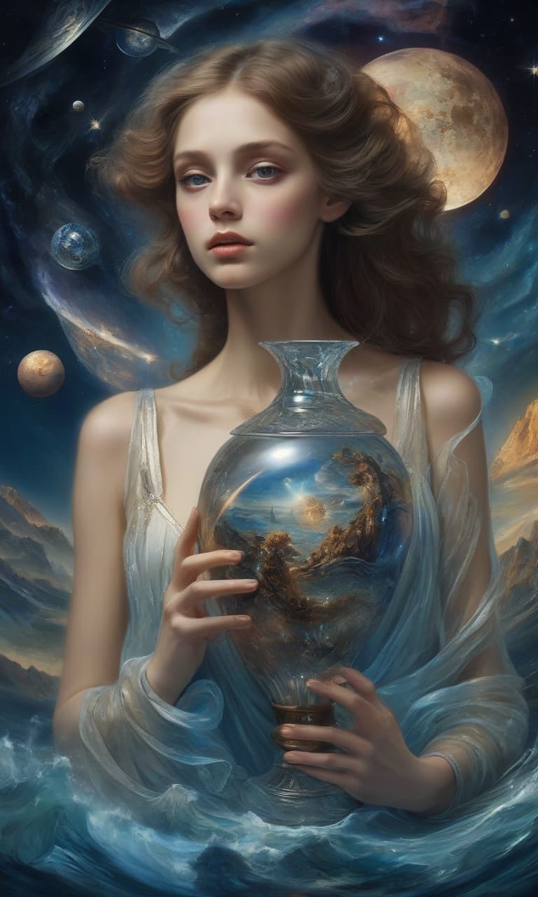  space themed digital art (double exposition: 1.3) a girl with long brown hair and brown eyes in an elegant crystal vase (girl: 1.5), on an island, around the vase blue sea. the effect of magic, mysticism, fairy tales, surrounded by fantasy art, arabesque, glitter, surge of fantasy, unearthly light effects, an exciting palette of colors, extremely detailed, in high resolution 10k. surrealism, realism, fantasy, baroque, renaissance. imagination and skill. in the manner of julia dillon, van gogh, salvador dali, mickey asai, alphonse mucha, robert bateman, thomas kincaid, fragonard. . cosmic, celestial, stars, galaxies, nebulas, planets, science fiction, highly detailed