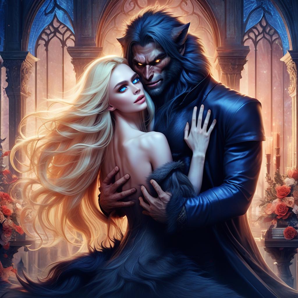  a huge werewolf with a human body, hugging a beautiful blonde with long hair and blue eyes., hkmagic