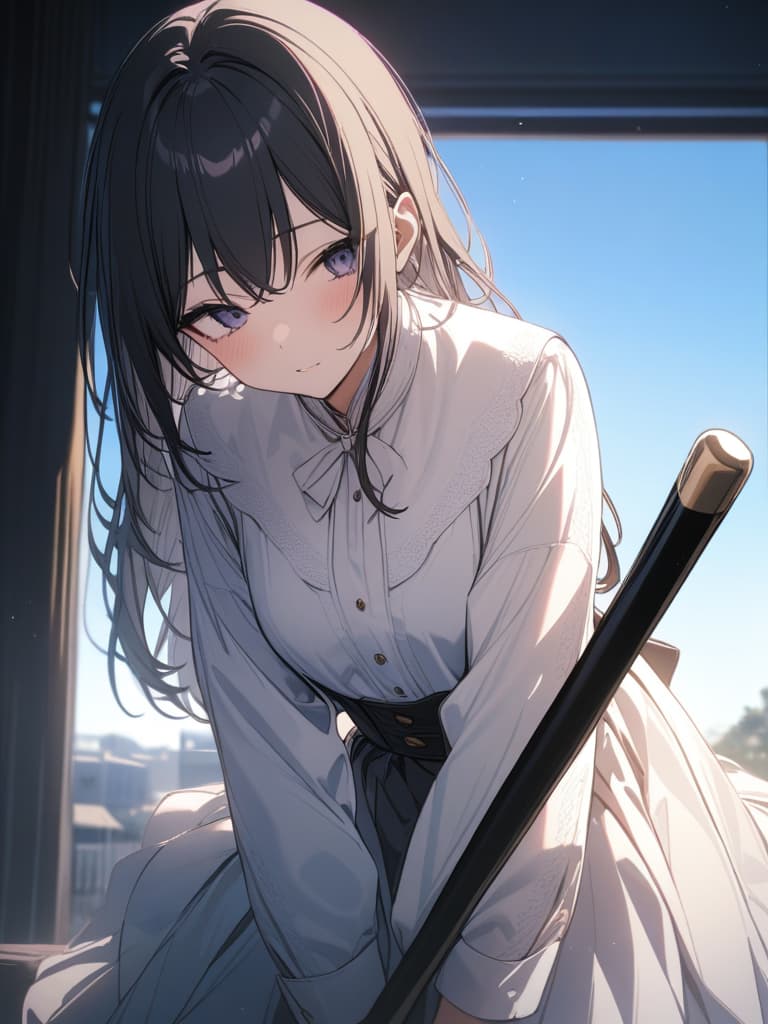  black haired girl with a cane, masterpiece, best quality,8k,ultra detailed,high resolution,an extremely delicate and beautiful,hyper detail