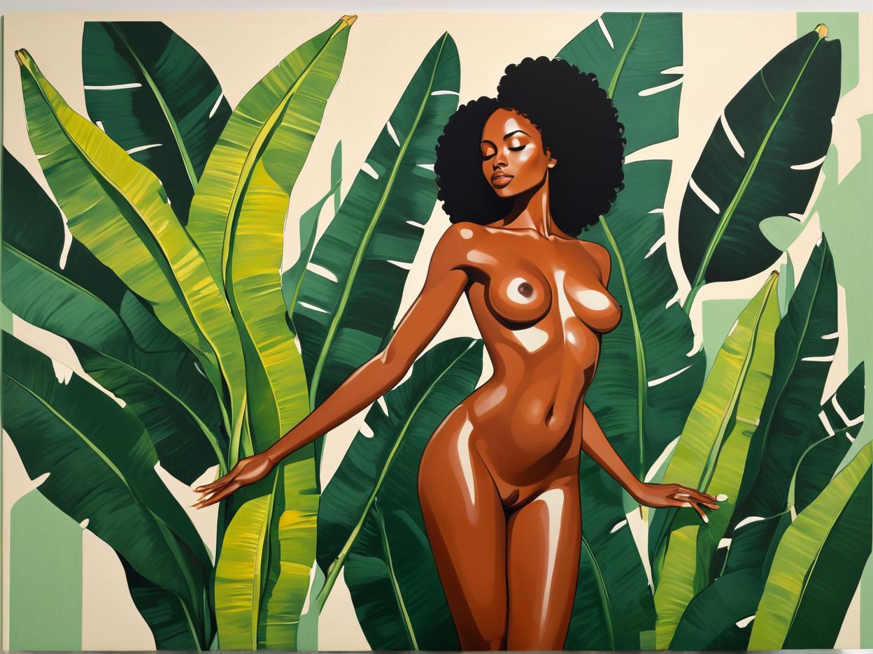  minimalism, a beautiful black woman surrounded by 5 banana plant leaves. she is in a divine pose. their entire body. she is naked. semi minimalist painting, abstract, simple geometic shapes, hard edges, sleek contours, minimalism