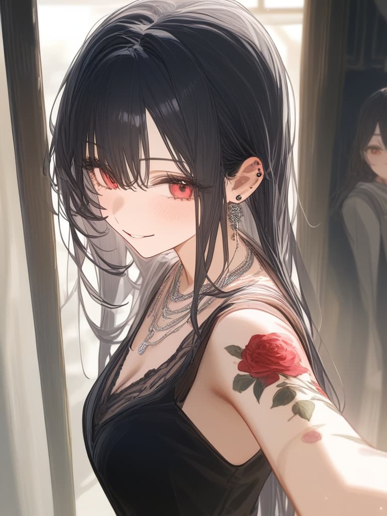  long hair, black hair, hair tips are pink, red eyes, hanging, bangs, and length of bangs, adults, adult faces, piercings, necklaces, hair are light pink and black, thin makeup on the arm. there is a rose tattoo, a rose tattoo on your arm, smiling, masterpiece, best quality,8k,ultra detailed,high resolution,an extremely delicate and beautiful,hyper detail