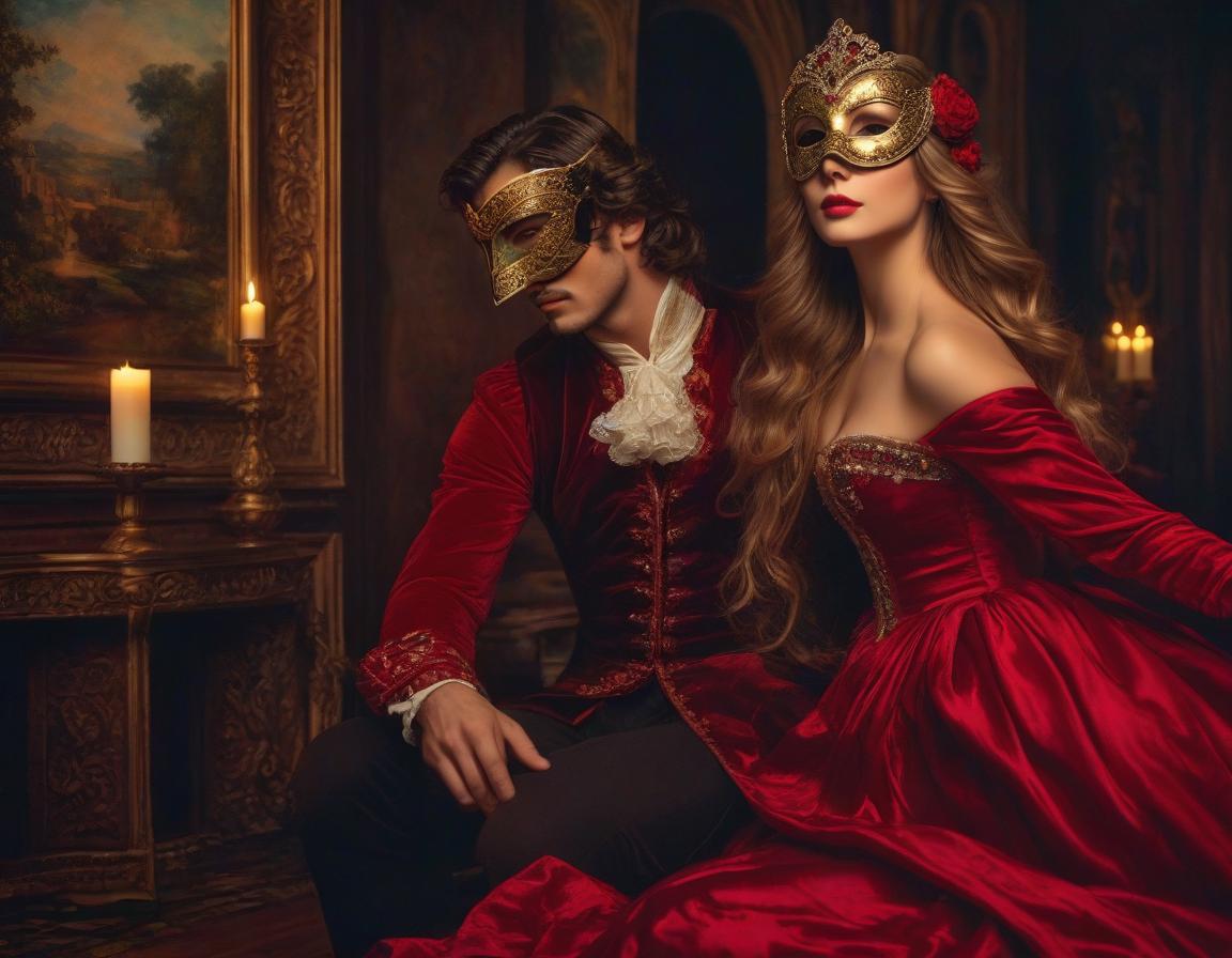  cinematic film still (oil painting: 1.5, masterpiece: 1.7, digital art: 1.4).painting, ((man and woman dancing at a ball dressed in renaissance style: 1.5), (venetian masquerade mask on the face of the woman and the man: 1.6)) (woman in red velvet dress with embroidery). style: dark fantasy, surrealism, atmosphere full of mystery, magic and mysticism. in the manner of claude monet, van gogh, sabbas aptheros, alfonso mucha, carol buck, andrew jones, yutaka kagai, fragonard. high detail. high quality 16k, hdr . shallow depth of field, vignette, highly detailed, high budget, bokeh, cinemascope, moody, epic, gorgeous, film grain, grainy