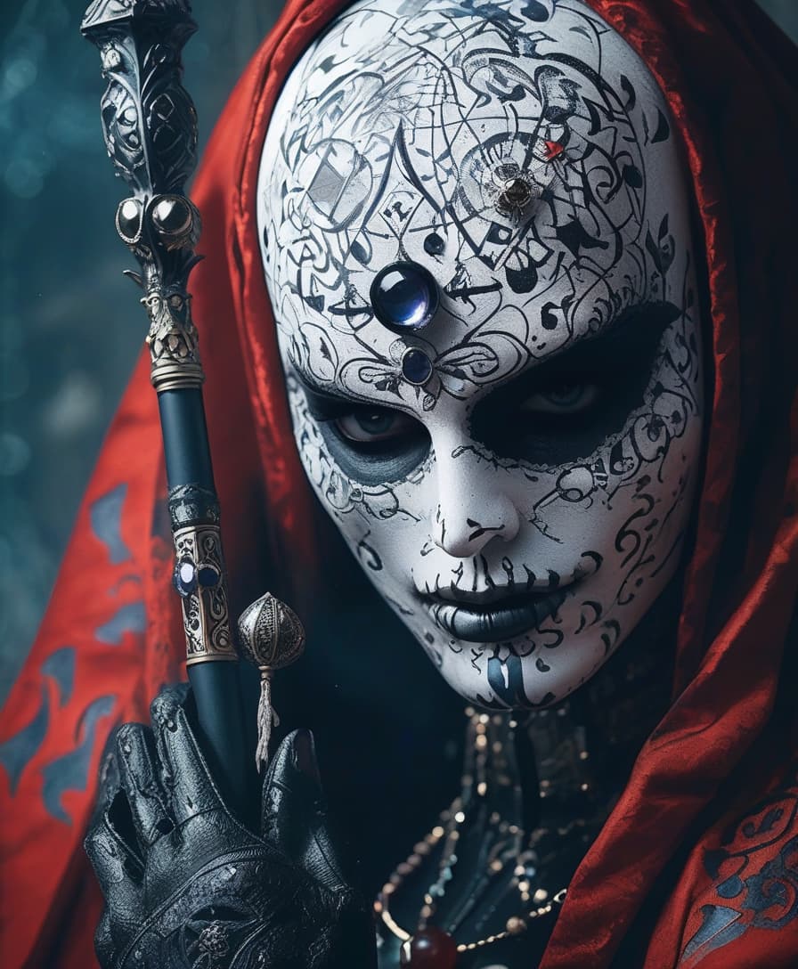  (masterpiece, high resolution, photo realistic:1.2), (gothic art, featured on cgsociety:1.1), techwear occultist, (featured on cgsociety, gothic art:1.1), (black and white mask:1.1), ornate and intricate details, victorian inspired design, (wrapped in ornate, arcane symbols:1.1), mysterious and enigmatic expression, (wielding a staff, adorned with gemstones:1.1), (staff holding a glowing orb:1.1), (contemplative, introspective atmosphere:1.1), (russian shamanic elements:1.1), (bladee from drain gang inspired:1.1), (cosplay, occultist, shamanic, gothic, russian:1.1)