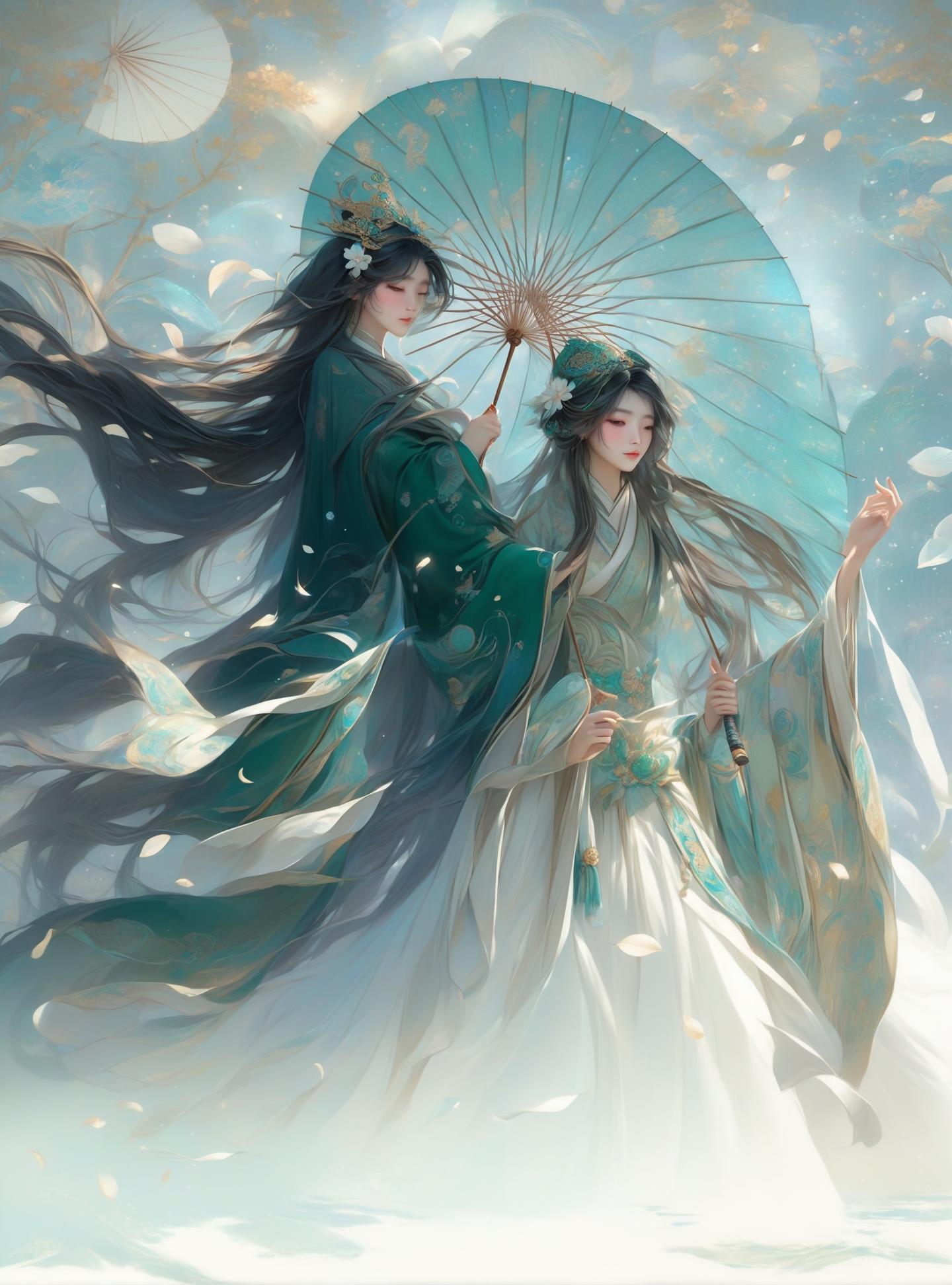  "a male and female character stand in a dream like natural setting. the male character is dressed in a deep green ancient chinese style robe, adorned with intricate headwear, and holding a delicate circular paper umbrella. the female character wears a flowing white gown, a crown on her head, and also holds a paper umbrella. surrounding them are fluttering petals and twinkling light spots, creating a mysterious and surreal atmosphere. the scene is rich in color, dominated by light blues and whites, emphasizing light and detail, and reflecting the style of eastern fantasy aesthetics."