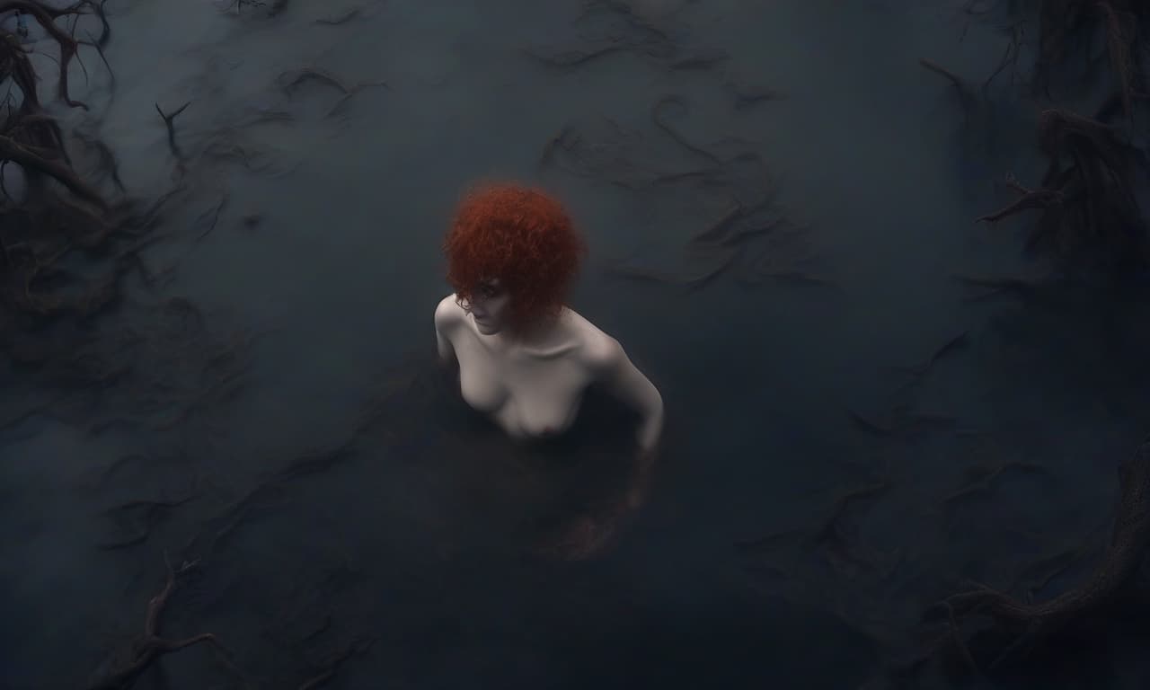  horror themed a bird's eye view of the water, in the water is a naked woman with curly red hair and a beautiful figure.there is fog all around . eerie, unsettling, dark, spooky, suspenseful, grim, highly detailed