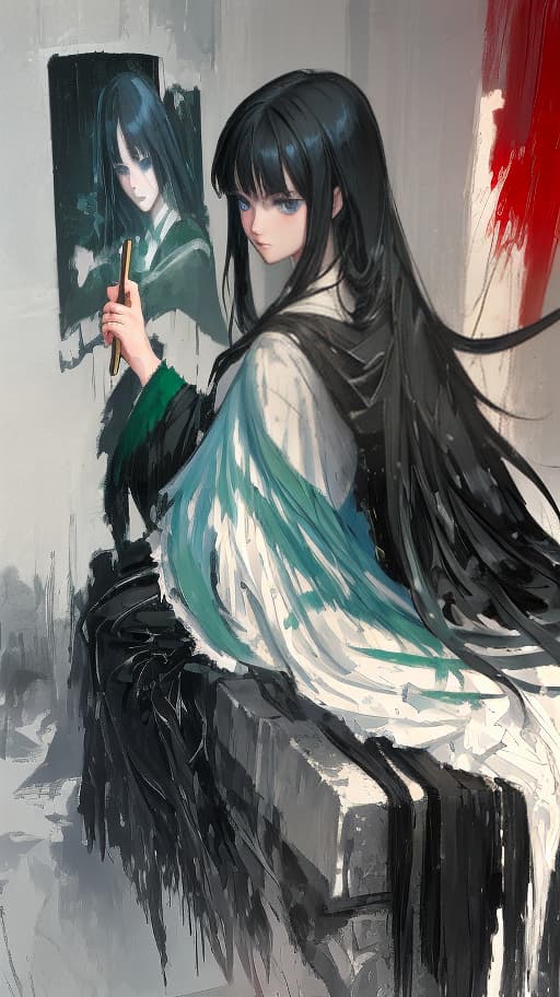  girl, long black hair, blue eyes, slytherin shape,, (rough brush strokes: 1.5), [soft impressionist brush strokes:1.2], blinding light, canvas texture, muted colors, by brent heighton, by richard schmid