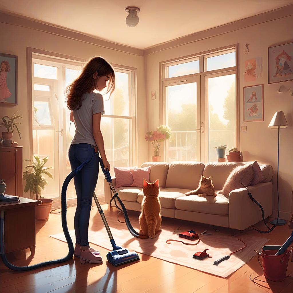  draw a girl vacuuming a room with a cat and a dog sitting next to her