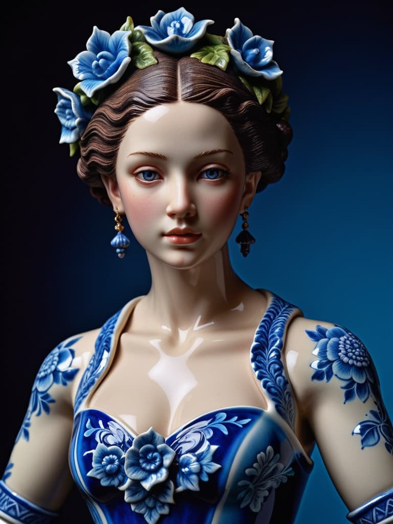  Close-up porcelain female figurine, looking to the camera, glossy surface, glaze, shiny, blue floral tattoos on her, dark gradient background, baroque dark style, hyperrealistic, CG society, intricate details