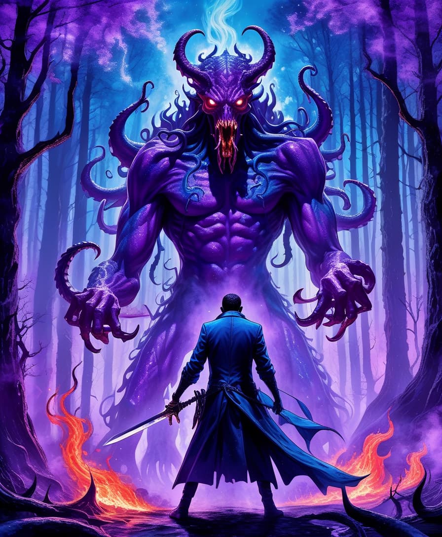  lovecraftian horror a fiery demon with a sword in his hand, in the background a mysterious forest, purple blue blue white colors . eldritch, cosmic horror, unknown, mysterious, surreal, highly detailed