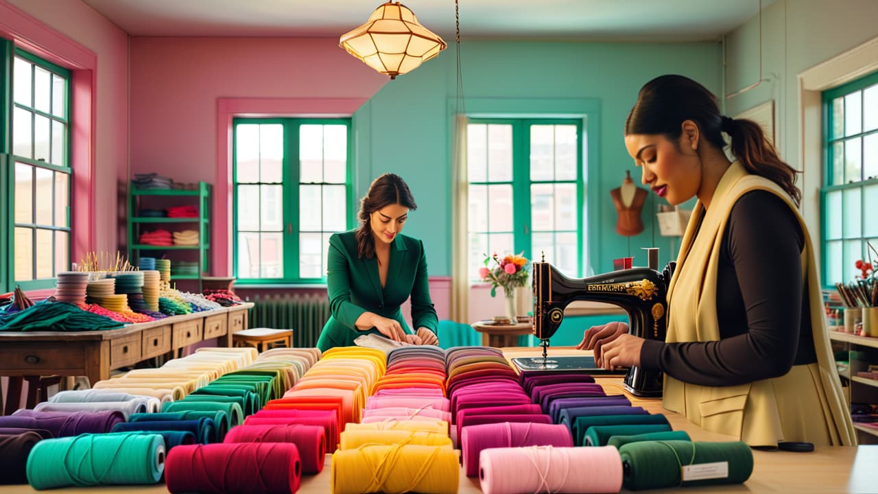  a vibrant workshop scene showcasing diverse artisans: a seamstress sewing intricate patterns, a designer sketching on a large table, a fabric dyer mixing colors, and a tailor fitting a mannequin amidst spools of colorful fabrics. hyperrealistic, full body, detailed clothing, highly detailed, cinematic lighting, stunningly beautiful, intricate, sharp focus, f/1. 8, 85mm, (centered image composition), (professionally color graded), ((bright soft diffused light)), volumetric fog, trending on instagram, trending on tumblr, HDR 4K, 8K