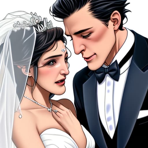  Make it an animation of a wedding photo of a lovely girl and boy and also add only one baboon crying so hard on the left side wearing a tuxedo