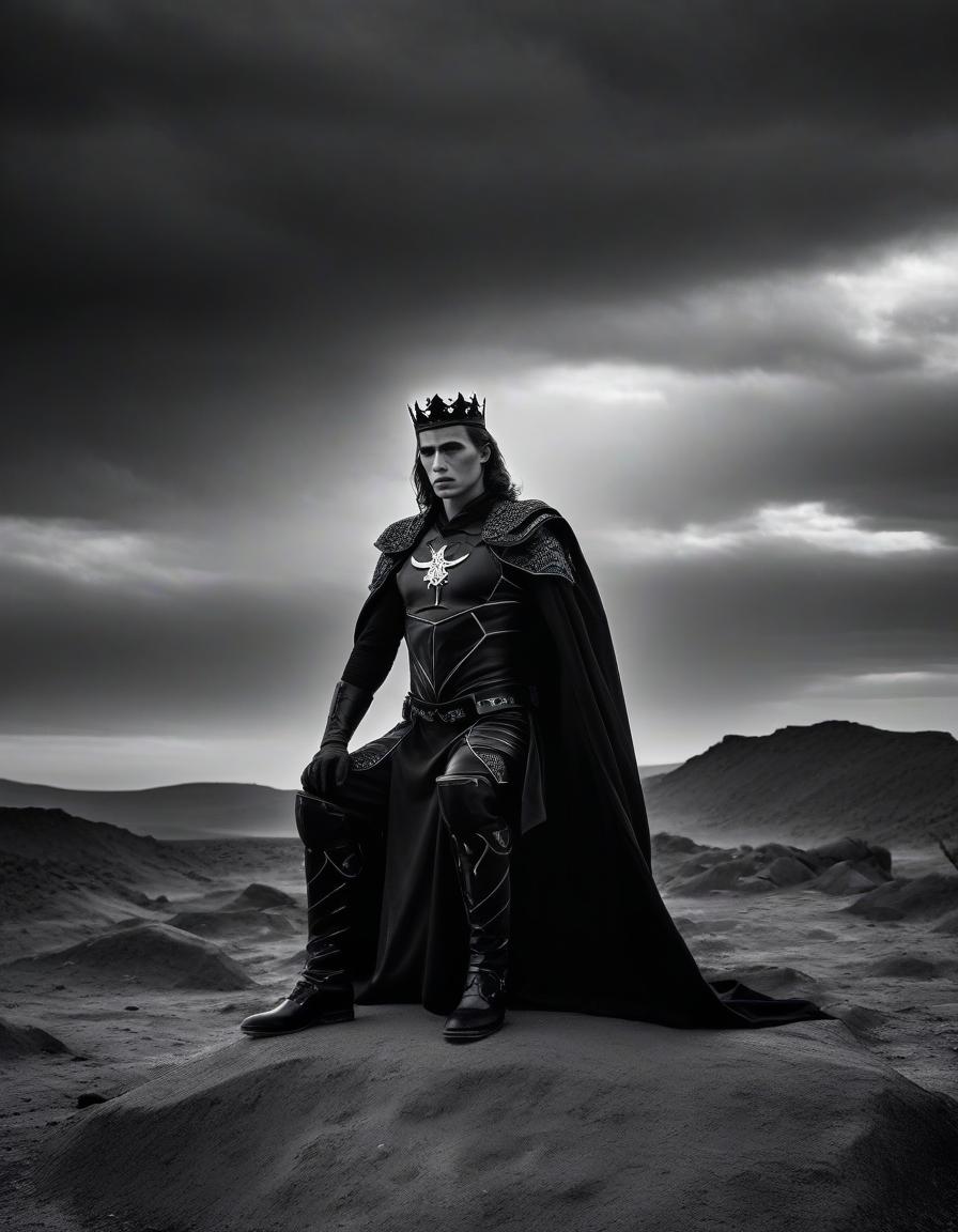  film noir style the kneeling lucifer, with white skin, in black armor, in a black crown, with black obsidian eyes, looks up, tears of fire flow from his eyes, stands on a rock, in the middle of a gray wasteland, looks into a fiery sky, without horns. . monochrome, high contrast, dramatic shadows, 1940s style, mysterious, cinematic