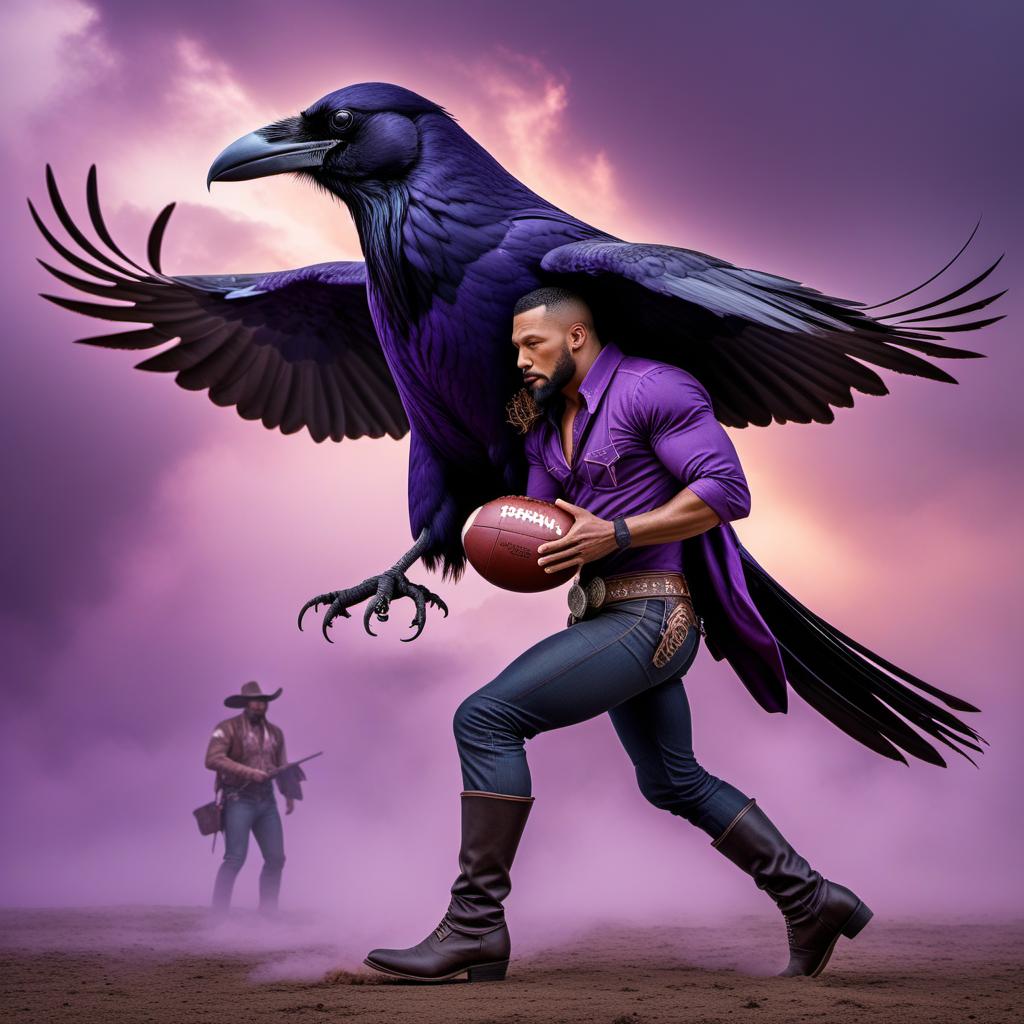  A purple raven eating a cowboy while holding a football. The scene is a mix of surrealism and fantasy, with the raven vividly colored in shades of purple, and the cowboy depicted dynamically in action. The football is clearly visible in the raven's grasp. hyperrealistic, full body, detailed clothing, highly detailed, cinematic lighting, stunningly beautiful, intricate, sharp focus, f/1. 8, 85mm, (centered image composition), (professionally color graded), ((bright soft diffused light)), volumetric fog, trending on instagram, trending on tumblr, HDR 4K, 8K