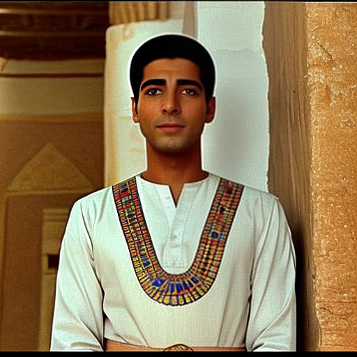  screenshot from the film; pastel colors; face and body angle in 3/4; an incredibly beautiful thirty ancient egyptian man is waiting for someone in the corridor of an ancient egyptian building, leans against the wall and looks up; he raised his head up; he is dressed in exquisite ancient egyptian clothes made of white linen and wears ancient egyptian jewelry; he looks much younger than his years; he has pleasant, pretty facial features; his face is smoothly ; he has delicate and smooth skin; he has an unusual for an egyptian light; he has a bright light corridor with a bright light, with a brighter shoulder shoulder hair; he is covered with a straight shoulder.