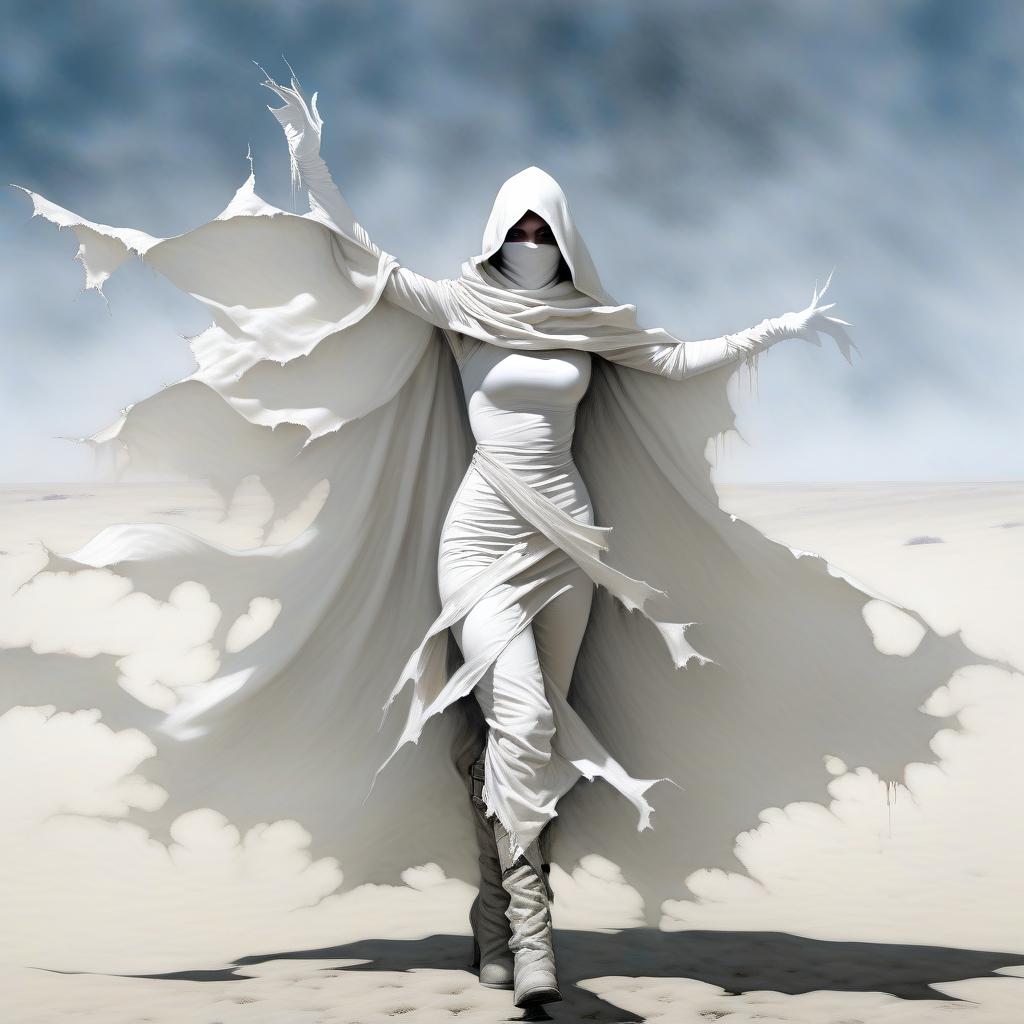  macabre style fantasy girl in a white scarf on her face, in white, in a white ragged, leaky cloak, in white gloves. . dark, gothic, grim, haunting, highly detailed