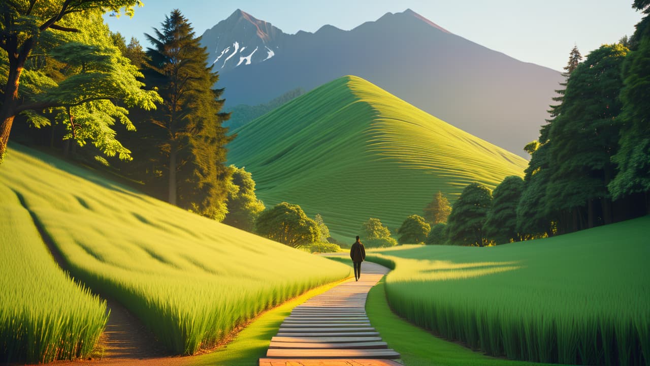  a serene landscape with a winding path leading towards a distant mountain peak, dotted with milestone markers. a person stands at the path's beginning, gazing upward, surrounded by lush greenery and soft sunlight. hyperrealistic, full body, detailed clothing, highly detailed, cinematic lighting, stunningly beautiful, intricate, sharp focus, f/1. 8, 85mm, (centered image composition), (professionally color graded), ((bright soft diffused light)), volumetric fog, trending on instagram, trending on tumblr, HDR 4K, 8K