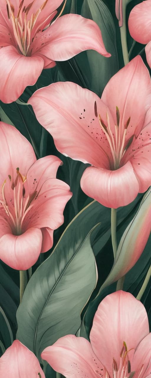  minimalism, the images features individual pink lilies and leaves, each illustrated with fine detail, highlighting their unique textures and curvature. the flowers and leaves vary. each plant carries its own distinct form, emphasizing their organic and fluid shapes., abstract, simple geometic shapes, hard edges, sleek contours, minimalism