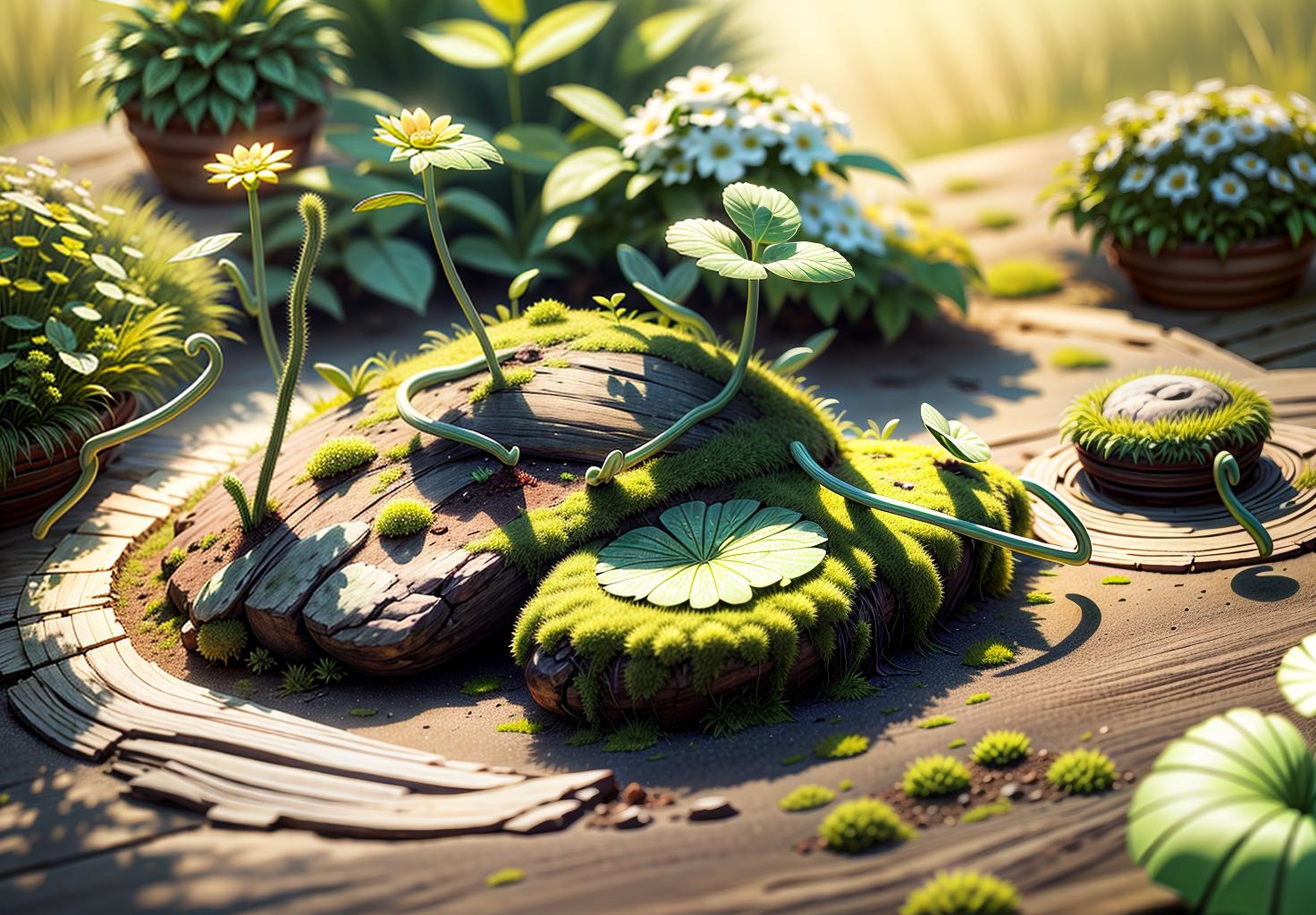  best quality, high resolution, perfect lighting, (extremely fine cg: 1.2), 32k, (green plant artform, solo:1.5), flower, meadow, forest, spring, blooming flowers, moss microlandscape, green, simple, clean bright background, light tracing, natural light, c4d, oc render, (masterpiece:1.2),