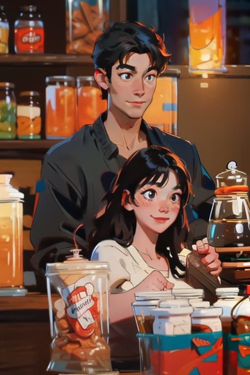  a black haired boy and a girl are both smiling happily at each other in a coffee shop. , bichu,oil painting,impressionism advertising photo,high quality, good proportion, masterpiece , the image is captured with an 8k camera