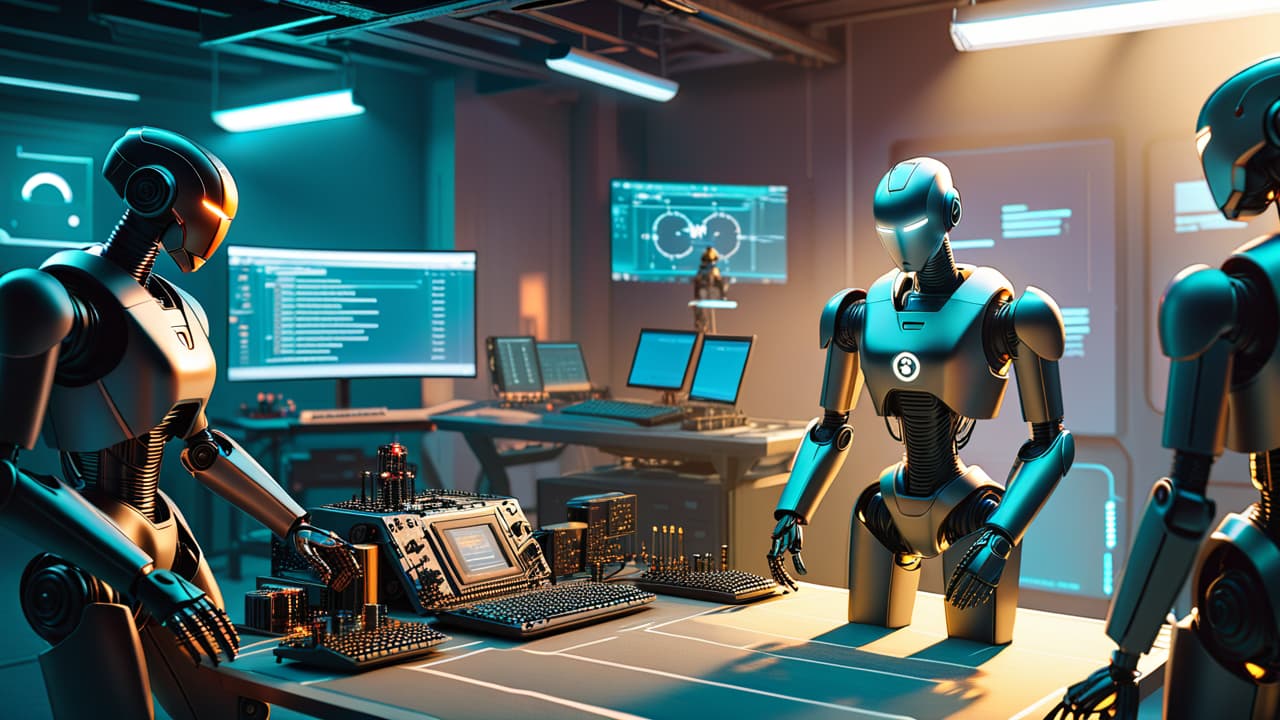  a futuristic workshop filled with various robots: humanoid, drones, and automated arms, surrounded by blueprints and circuit boards, illuminated by soft, ambient lighting, showcasing the harmony between technology and creativity in robotics. hyperrealistic, full body, detailed clothing, highly detailed, cinematic lighting, stunningly beautiful, intricate, sharp focus, f/1. 8, 85mm, (centered image composition), (professionally color graded), ((bright soft diffused light)), volumetric fog, trending on instagram, trending on tumblr, HDR 4K, 8K