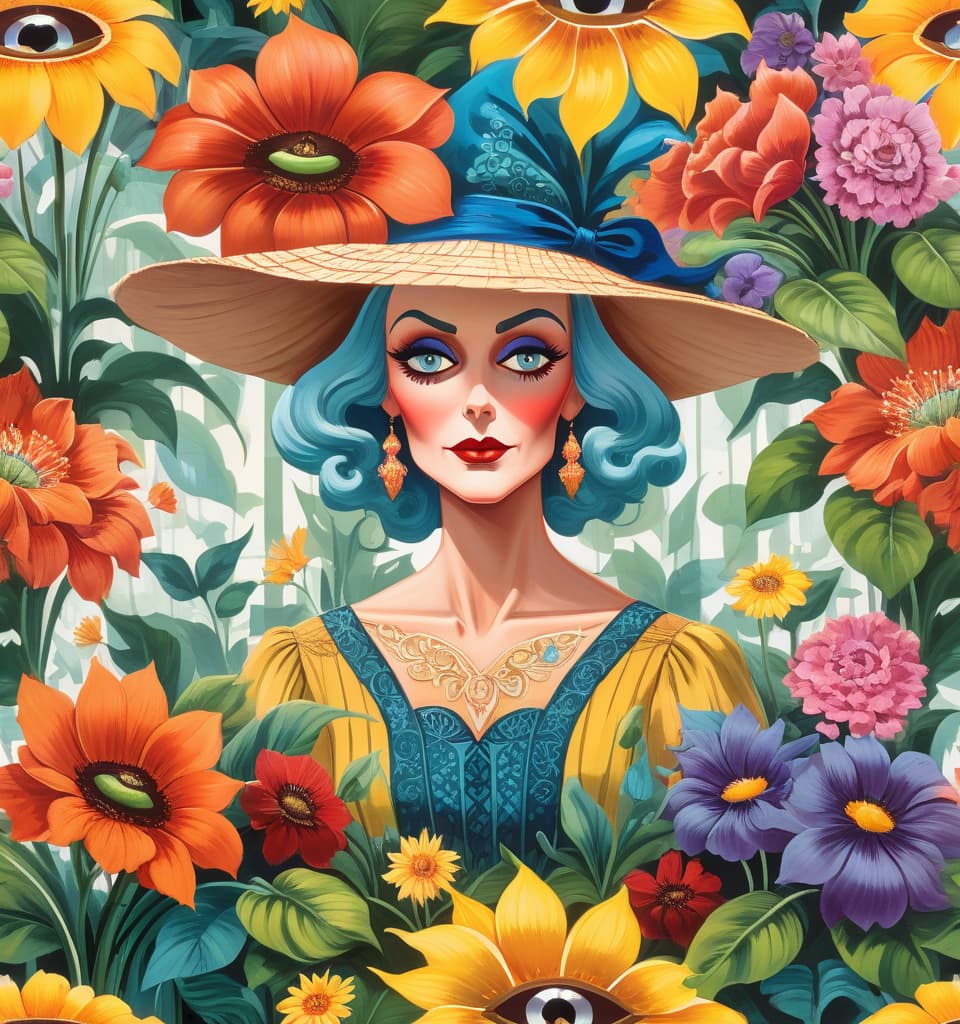  art deco style highly detailed acrylic painting, (double exposure:1.4), depicting a friendly elderly witch woman in a large straw hat decorated with beautiful flowers. a look at the viewer, expressive sly eyes. (anthropomorphic large flowers with mouths and eyes grow in patterned flower pots, they talk:1.5). (flower shop:1.3). the realistic painting conveys the intricate details of a woman's face and clothes, as well as the bright colors and faces of the surrounding flowers. the composition in the form of a long frame gives the scene a sense of depth, while the studio lighting enhances each brush stroke. the style of the works of jan van eyck and paul cezanne. this piece will undoubtedly be a great addition to any art collection. . geometri